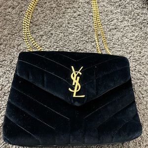 Black Suede YSL Purse with Gold Chain